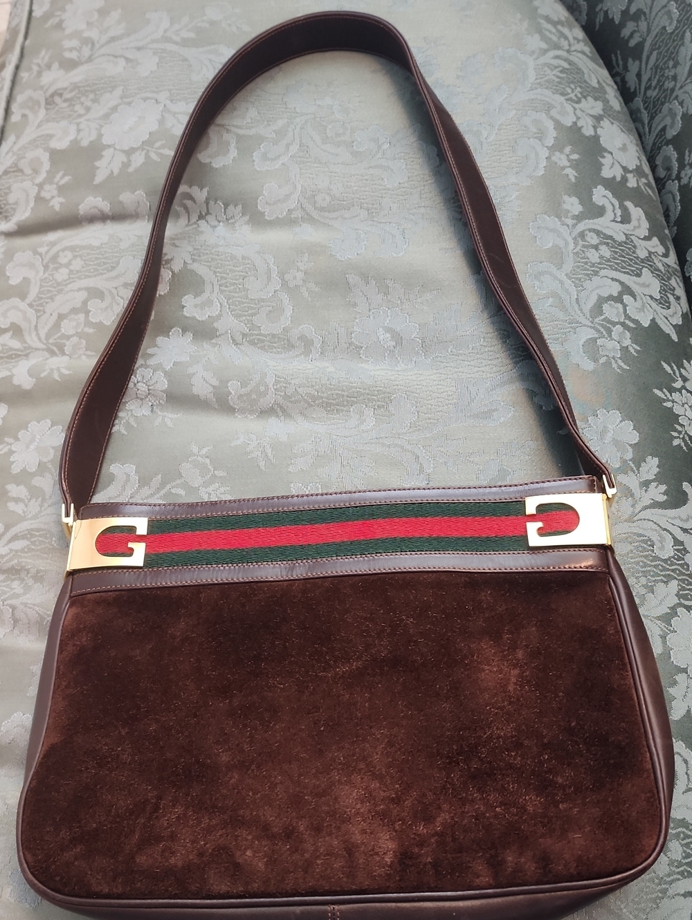 Vintage 1970's Gucci Brown Suede Hobo Shoulder Bag with Green and Red Stripe